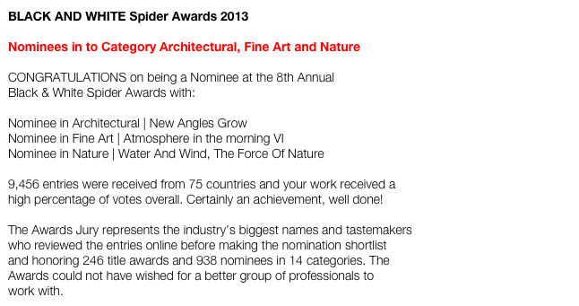 BLACK AND WHITE Spider Awards 2013

Nominees in to Category Architectural, Fine Art and Nature

CONGRATULATIONS on being a Nominee at the 8th Annual 
Black & White Spider Awards with:

Nominee in Architectural | New Angles Grow 
Nominee in Fine Art | Atmosphere in the morning VI 
Nominee in Nature | Water And Wind, The Force Of Nature 

9,456 entries were received from 75 countries and your work received a 
high percentage of votes overall. Certainly an achievement, well done!

The Awards Jury represents the industry's biggest names and tastemakers 
who reviewed the entries online before making the nomination shortlist 
and honoring 246 title awards and 938 nominees in 14 categories. The 
Awards could not have wished for a better group of professionals to 
work with.