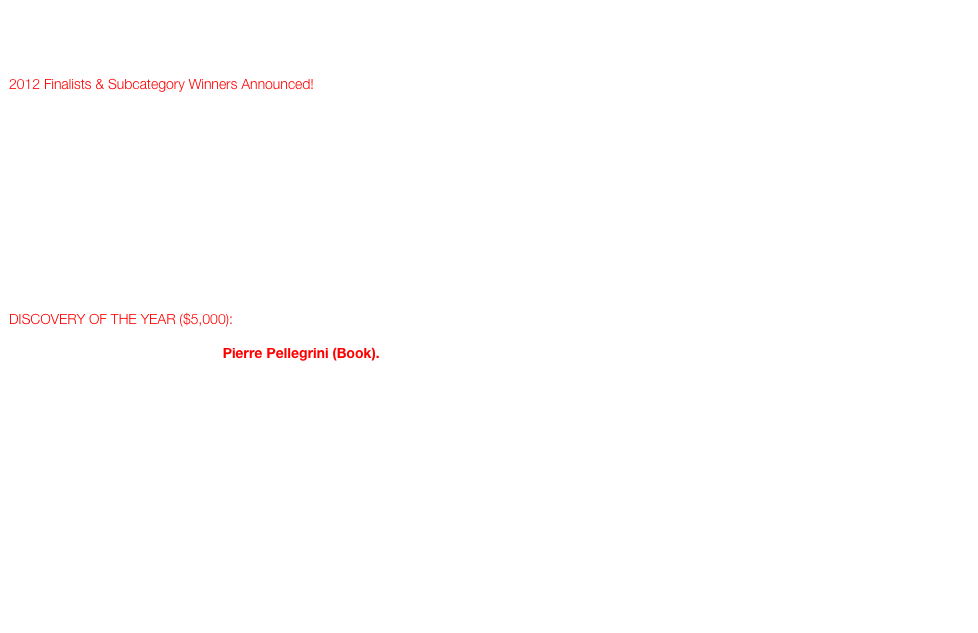 Results are in!
07 September, 2012
2012 Finalists & Subcategory Winners Announced!
Thank you, photography community, for making the Tenth Annual International Photography Awards competition such a huge success! We received over 10,000 entries from over 100 countries around the world. Such an international display of photographic excellence!  The finalists and subcategory winners have been determined, by an international jury panel, comprised of over 80 photo professionals – our largest yet! The overall winners will be announced, live, at Tenth Annual Lucie Awards (October 8, Los Angeles)!  The finalists are listed below, and all subcategory winners and honorable mentions can be viewed in the Gallery.  INTERNATIONAL PHOTOGRAPHER OF THE YEAR ($10,000 presented by atEdge): Ayano Hisa (Architecture), Nadav Kander (Advertising), Alinka Echeverria (Editorial), Julia Fullerton-Batten (Fine Art), Marsel van Oosten (Nature), Wayne Lawrence (People), Martin Stavars (Special) and Rinko Kawauchi (Book).  DISCOVERY OF THE YEAR ($5,000): John Eaton (Architecture), Eric Chang (Advertising), Adelin Petrisor (Editorial), Lionel Orriols (Fine Art), Craig Bill (Nature), Viktoria Sorochinski (People), Athanasios Maloukos (Special) and Pierre Pellegrini (Book).  DEEPER PERSPECTIVE PHOTOGRAPHER OF THE YEAR ($5,000 presented by American Society of Media Photographers): Régis Defurnaux, Gloriann Liu, Jordi Ruiz Cirera, Fernando Moleres, Dennis Manarchy and Alejandro Cartagena.  NEW! MOVING IMAGE PHOTOGRAPHER OF THE YEAR ($2,500): Stefanie Djie & Jens Stoltze, Daniel Balteanu, Chang & Cox (Hsin-Yi Chang and Byron Cox), Michael Levin, Mark Bramley and Stretch Ledford.  ***Please be patient - all subcategory winners and honorable mention recipients will receive notification emails shortly.

